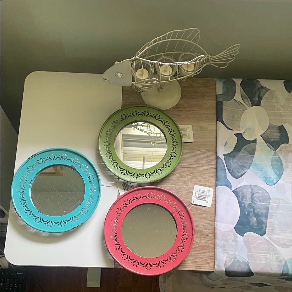 Decorative Round Wall Mirror Trio - Turquoise, Green & Coral
